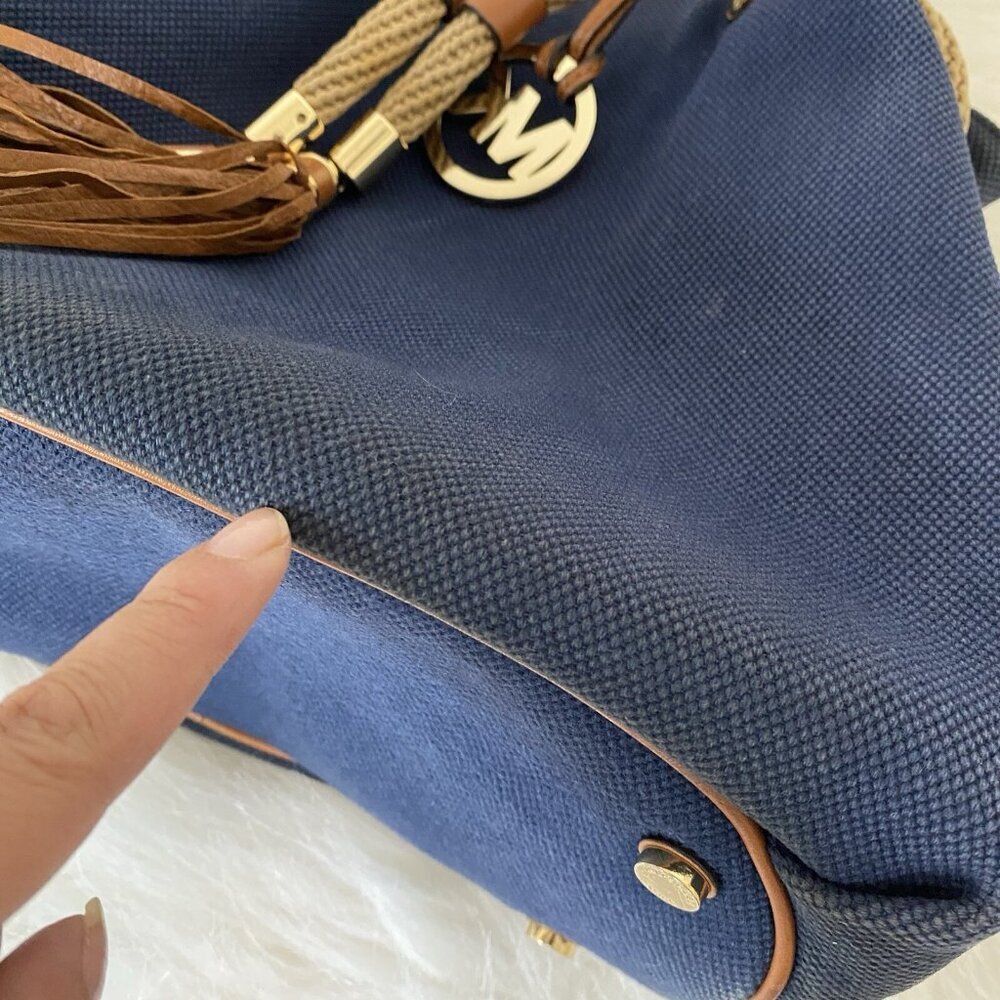Michael Kors Marina Purse Navy Blue Canvas Brown Leather Tote Bag Bucket Bag - Picture 14 of 16